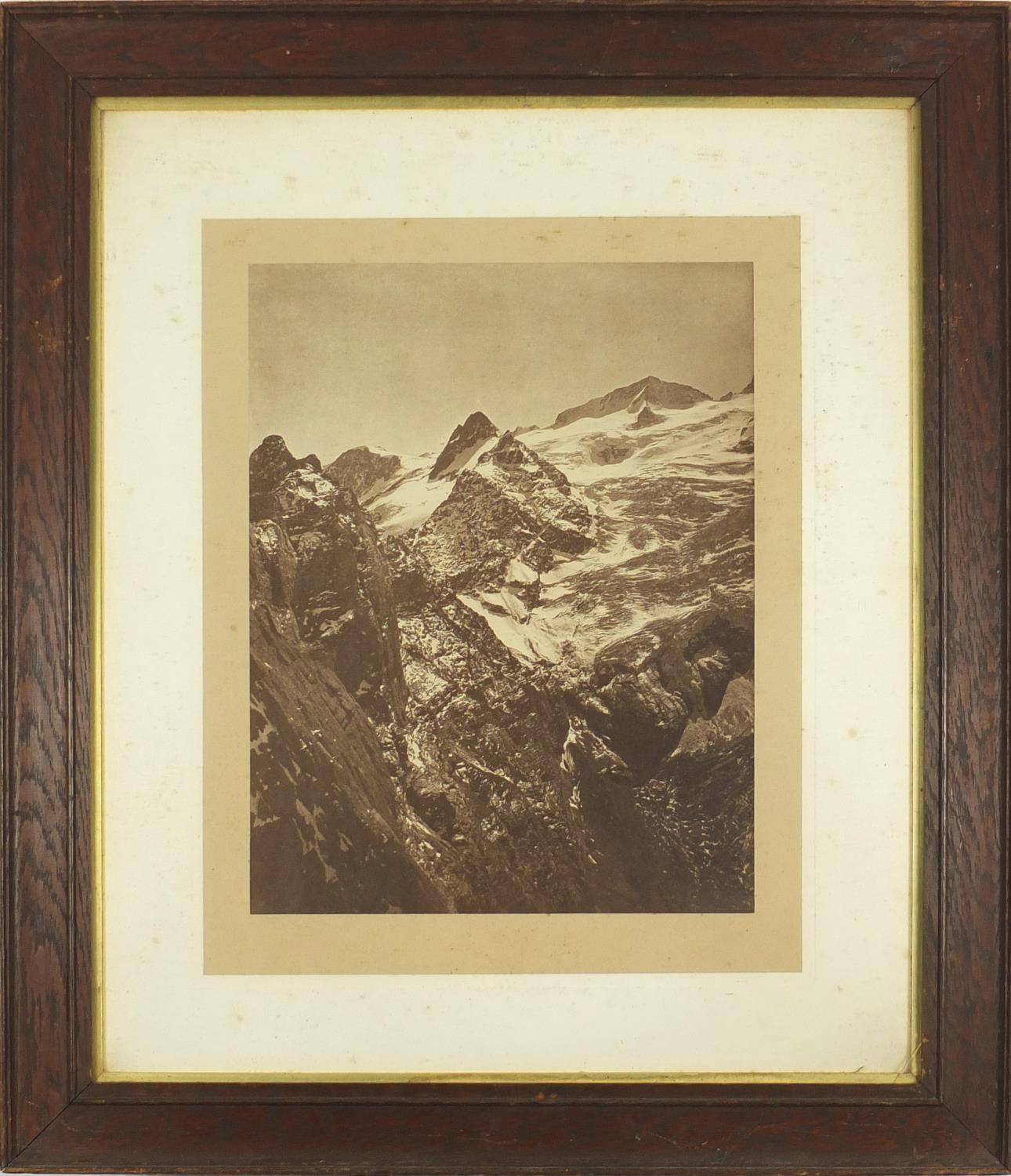 Two black and white photographs of snow covered mountains and a coastal view, each framed, the - Image 7 of 9