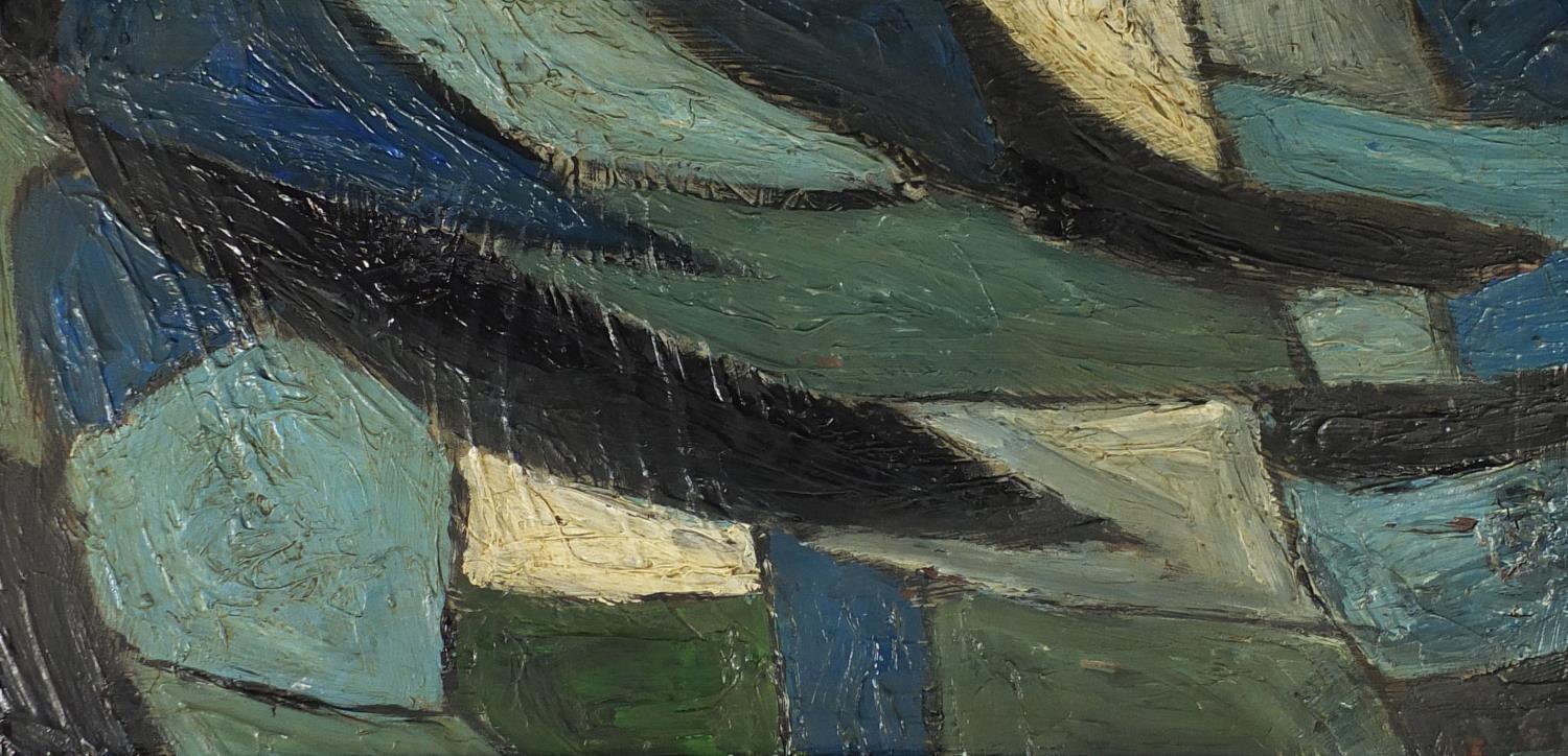 After William Gear - Abstract composition, oil onto canvas, framed, 78.5cm x 38.5cm : For Further