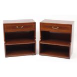 Pair of feather band inlaid mahogany night stands, each fitted with a frieze drawer, 65cm H x 60cm W