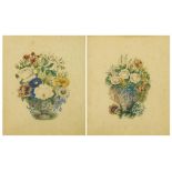 Pair of Victorian birdeye maple frames housing still life pictures of flowers and vases, each