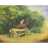 RA Upson - Jockey on horseback jumping hurdles, oil on canvas, framed, 75cm x 60cm : For Further