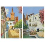Rolond - Continental gardens, pair of mixed media's, mounted and framed, each 33cm x 22.5cm : For