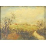 Shepherd with sheep in a field, oil on canvas, framed, 17cm x 12.5cm : For Further Condition Reports