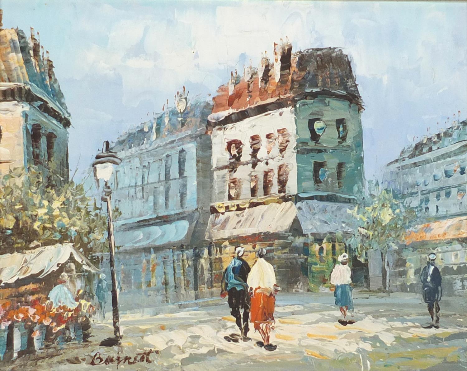 Burnett - Parisian street scene, oil onto canvas, framed, 24cm x 19cm : For Further Condition