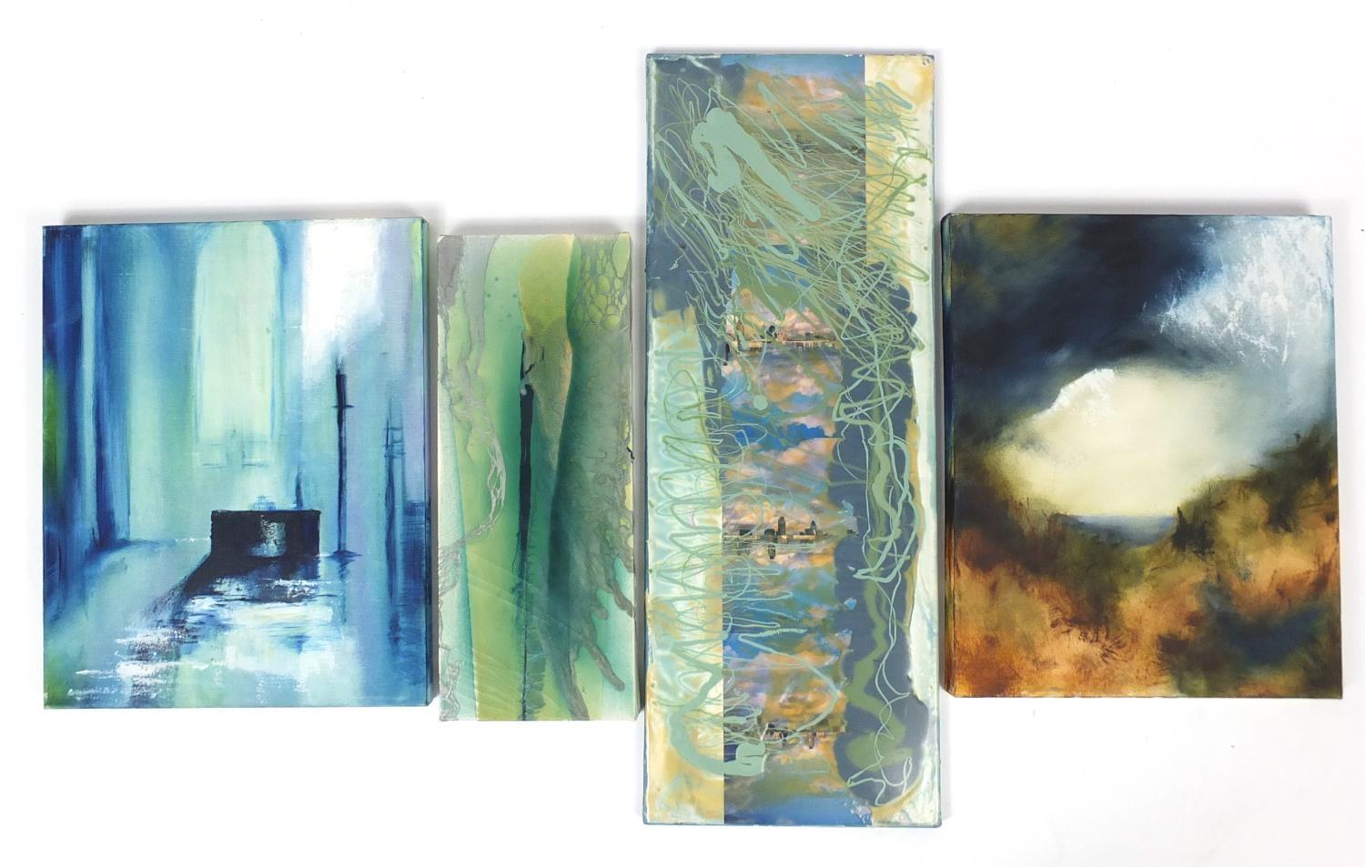 Karen Coles and Jayne Jones - Four mixed media and oil onto canvases, unframed, the largest 81cm x