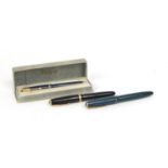 Three vintage Parker fountain pens, one with box, comprising Slimfold, Duofold and Senior Duofold,