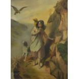 Female with two dogs on a cliff edge looking at an eagle, 19th century oil on canvas, mounted and