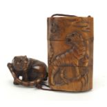 Japanese three section inro with Netsuke, the inroe carved with two animals, 7cm high : For