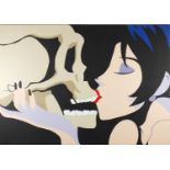 Surreal female kissing a skull, American Pop Art school oil onto canvas, unframed, 102cm x 71cm :