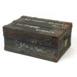 Military interest metal bound wooden trunk, 35cm H x 77cm W x 53cm D : For Further Condition Reports