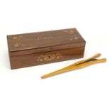 French inlaid rosewood glove box and a pair of olive wood glove stretchers, the box 26.5cm wide :