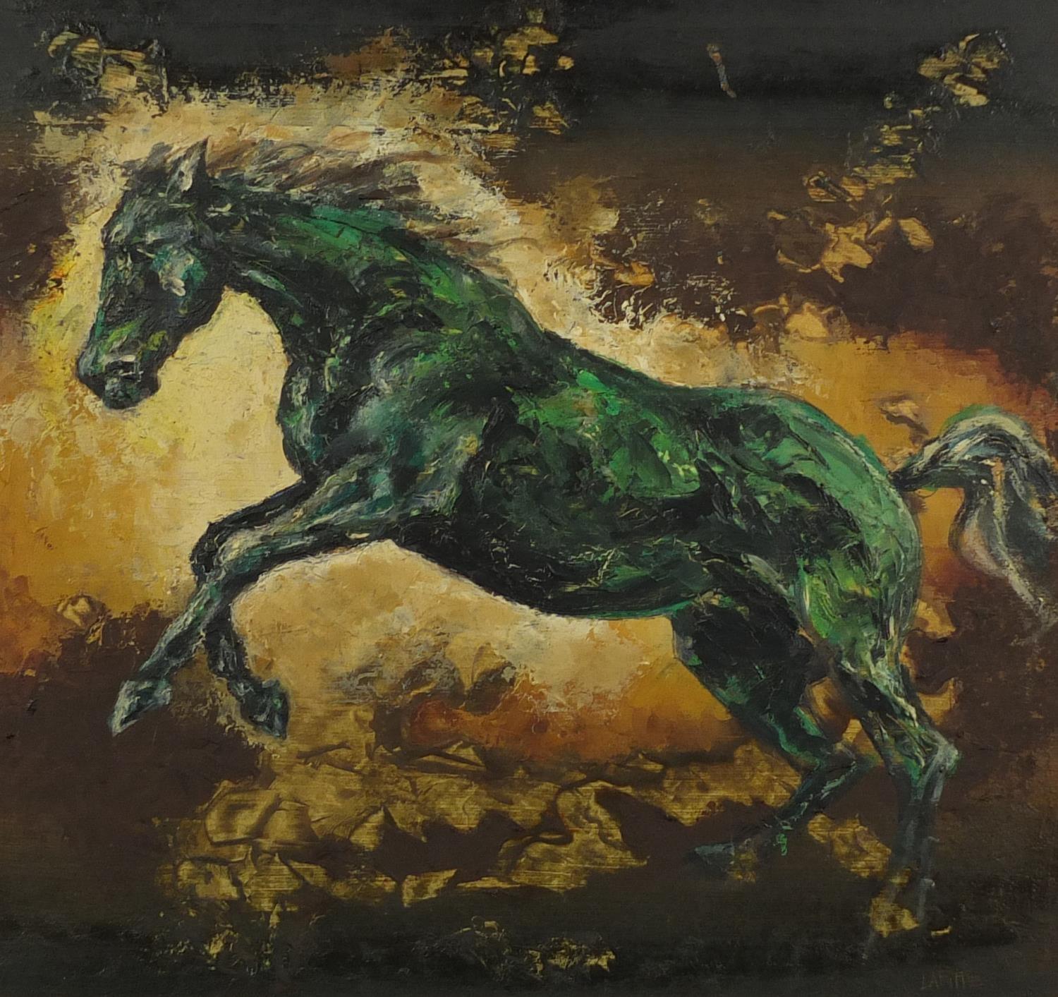 Abstract horses, two oil on boards, bearing a signature Lafitte, each framed, the largest 55cm x - Image 6 of 9