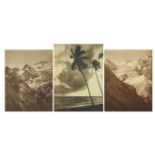 Two black and white photographs of snow covered mountains and a coastal view, each framed, the