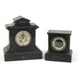 Two Victorian black slate mantel clocks including one with Brocot escapement and enamel dial