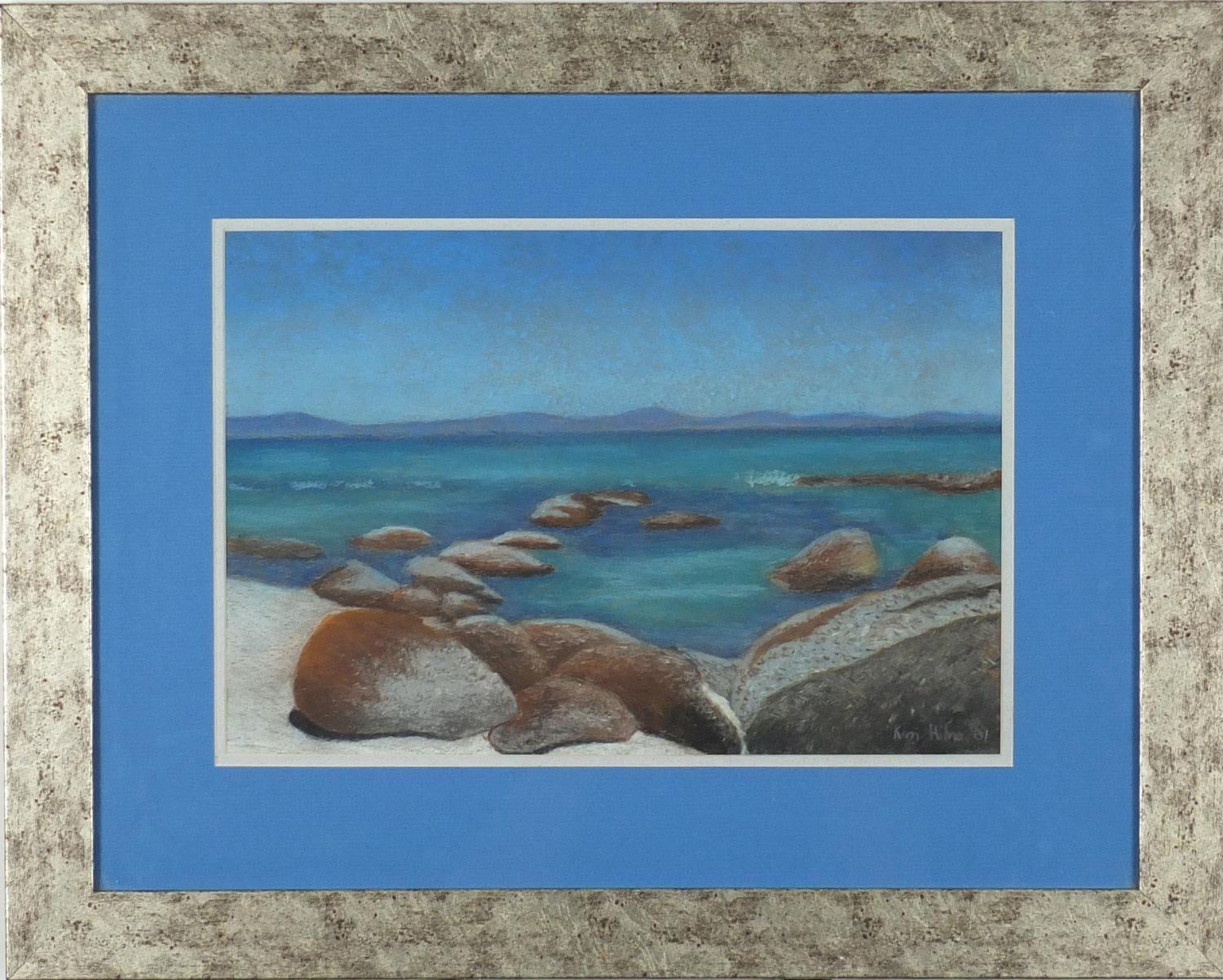 Rocky coastal scene, impressionist pastel, bearing a signature Kim Hilne, mounted and framed, 38cm x - Image 2 of 4