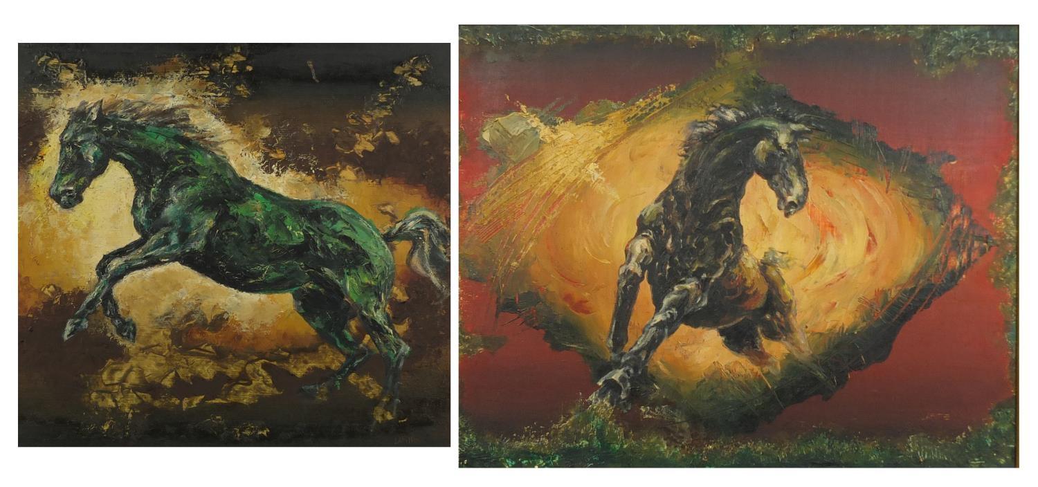 Abstract horses, two oil on boards, bearing a signature Lafitte, each framed, the largest 55cm x