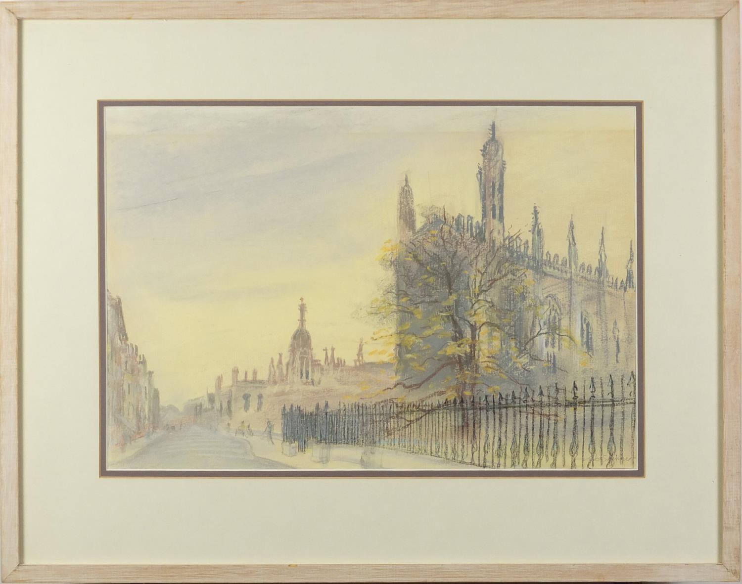 Kings College Cambridge, mixed media, bearing an indistinct signature, mounted and framed, 43.5cm - Image 2 of 4