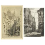 French street scenes, two antique black and white engravings - one pencil signed M. Bramley Moore,