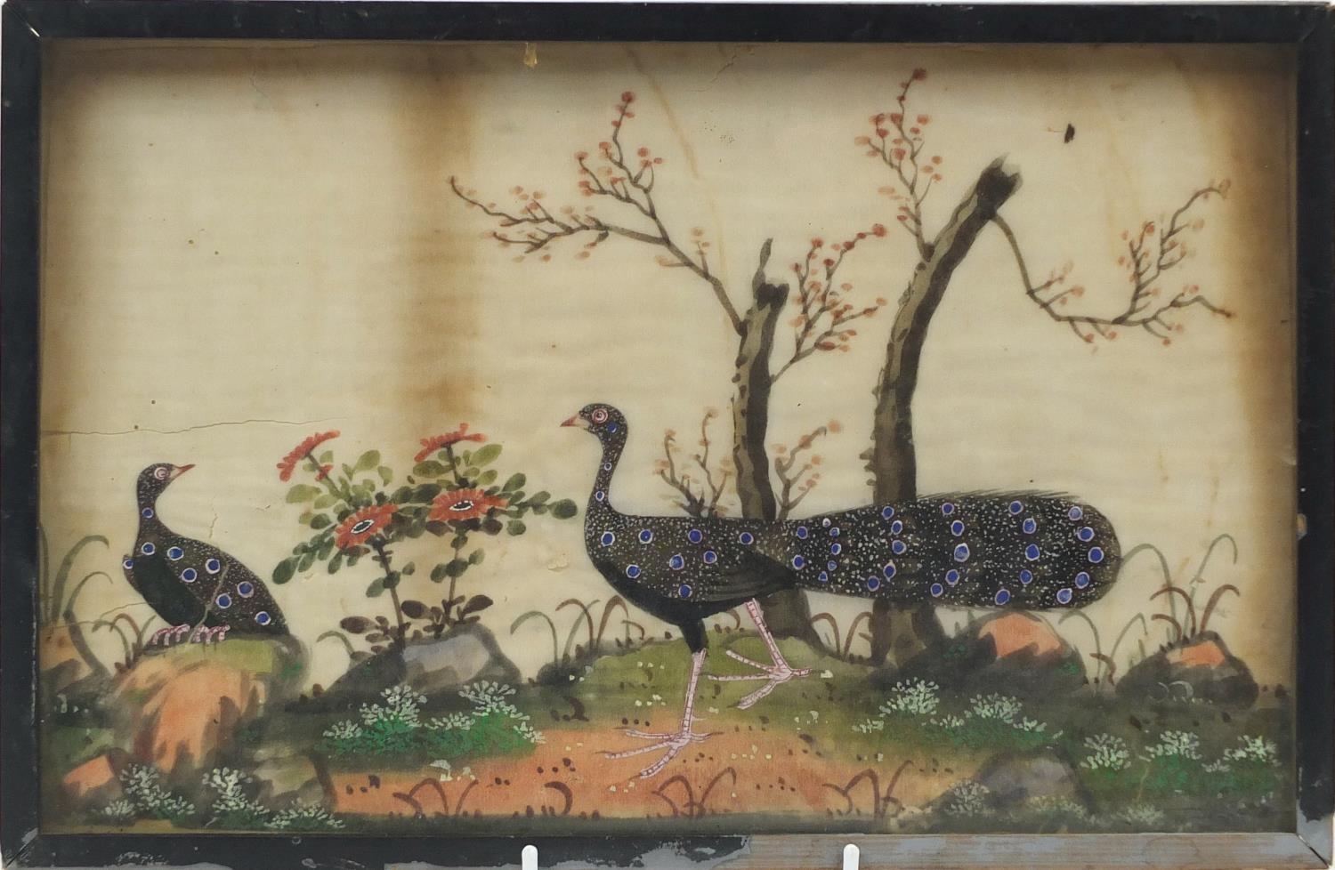 Chinese pith painting of two pheasants in a landscape, framed, 31.5cm x 20cm : For Further Condition - Image 2 of 3