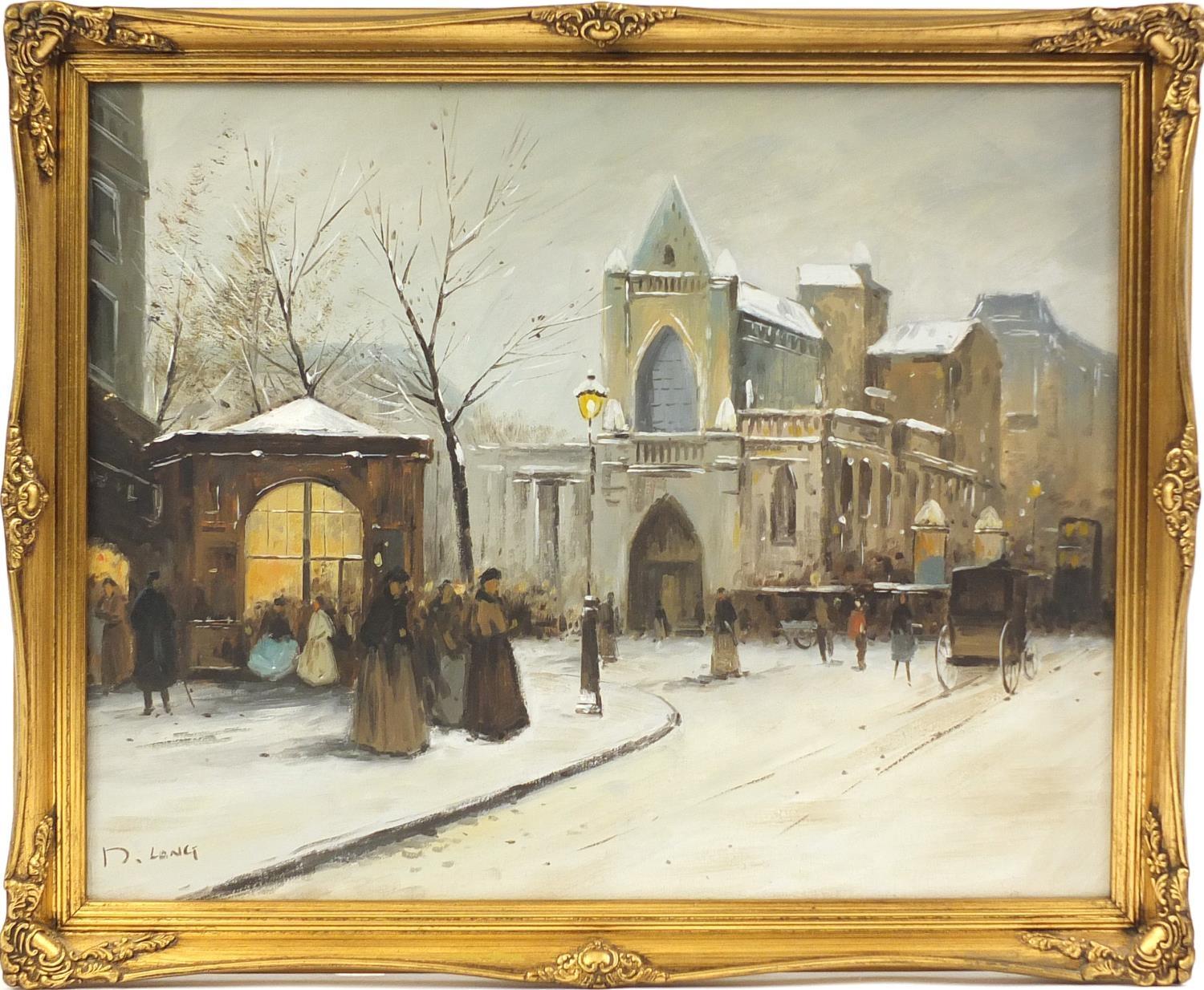 D. Long - Victorian snowy street scene, oil onto canvas, framed, 50cm x 40cm : For Further Condition - Image 2 of 4