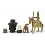 Indian objects including hand painted wooden figures on horseback and a bronzed bust : For Further