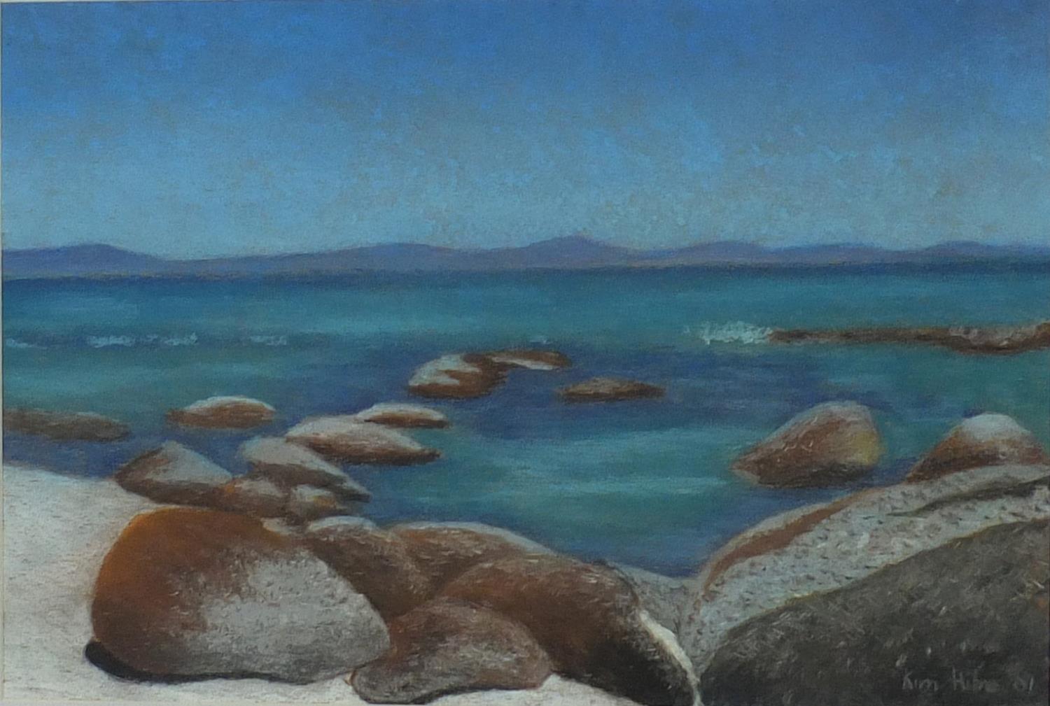 Rocky coastal scene, impressionist pastel, bearing a signature Kim Hilne, mounted and framed, 38cm x