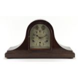 Mahogany napoleon hat Westminster chiming mantel clock striking on five rods by Kenzle, with