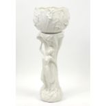 Italian Art Nouveau style porcelain jardinière on stand with maiden design column, 103cm high :