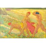 Three nude bathers on a beach, oil on canvas, bearing a signature, M.A.V.D, framed, 46.5cm x 30.