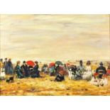 Busy beach scene, French Impressionist oil onto board, bearing a signature E Boudin, framed, 54cm