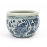 Large Chinese blue and white porcelain fish bowl hand painted with fish amongst aquatic life, 26cm