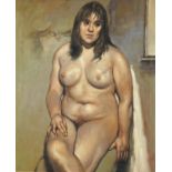 After Lucien Freud - Portrait of a seated nude female, oil onto canvas, framed, 58.5cm x 49cm :