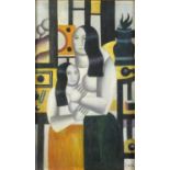 Abstract composition of two Surreal figures, French School oil, bearing a signature F Leger, framed,