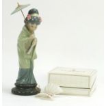 Lladro figurine of a geisha girl and a butterfly with box, the larger 31cm high : For Further