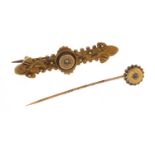 Victorian 15ct gold diamond bar brooch and an unmarked gold sapphire tie pin, 4.0g : For Further