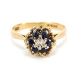 18ct gold sapphire and diamond flower head ring, size K, 2.8g : For Further Condition Reports Please
