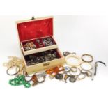 Costume jewellery including a 9ct gold ring, silver earrings and rings, wristwatches and a pearl