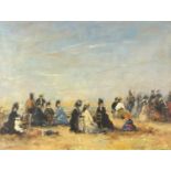 Figures on a beach, French Impressionist, oil onto canvas, bearing a signature E Boudin, framed,