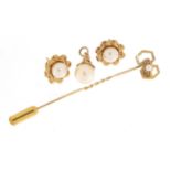 9ct gold and pearl jewellery comprising tie pin, pair of earrings and pendant, 5.4g : For Further