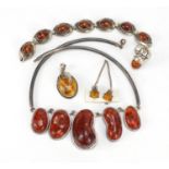 Silver and amber jewellery comprising necklace, bracelet, pendant, ring and earrings, 115.0g : For