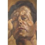 After Lucien Freud - Head Study, oil onto board, framed, 74.5cm x 49.5cm : For Further Condition