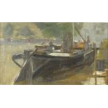 Moored boat, oil on canvas, bearing indistinct signature, K. Harine Church ?, mounted and framed,