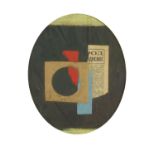 Abstract composition, oval Russian school mixed media and collage, mounted and framed, 29.5cm x 24cm