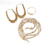 9ct gold jewellery comprising a pair of hoop earrings, figaro link necklace and a buckle ring,