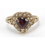 9ct gold garnet and seed pearl love heart ring, size O, 3.0g : For Further Condition Reports