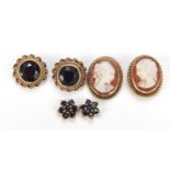 Three pairs of 9ct gold earrings including garnets, cameo and sapphires : For Further Condition