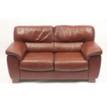 Brown leather two seater settee, 160cm wide : For Further Condition Reports Please Visit Our