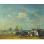 Busy beach scene, French Impressionist oil onto canvas, bearing a signature E. Boudin, 62cm x 49.5cm