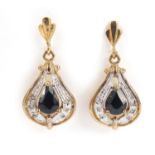 Pair of 9ct gold sapphire and diamond earrings, 2.7cm in length, 3.2g : For Further Condition