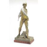 Large patinated lead Roman gladiator, Honor Patria, after E. Picault, raised on a rectangular marble